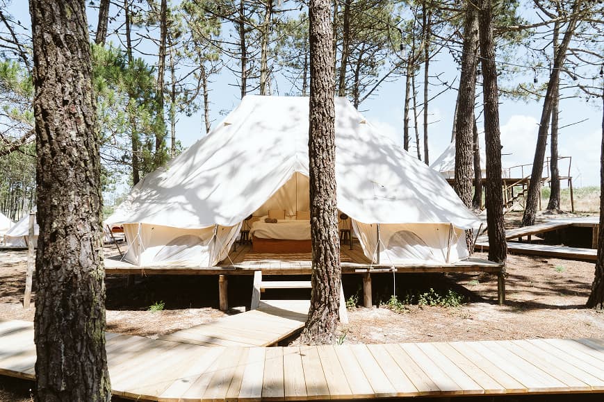 White glamping tents on wooden platforms among pine trees at Dreamsea Portugal Centro