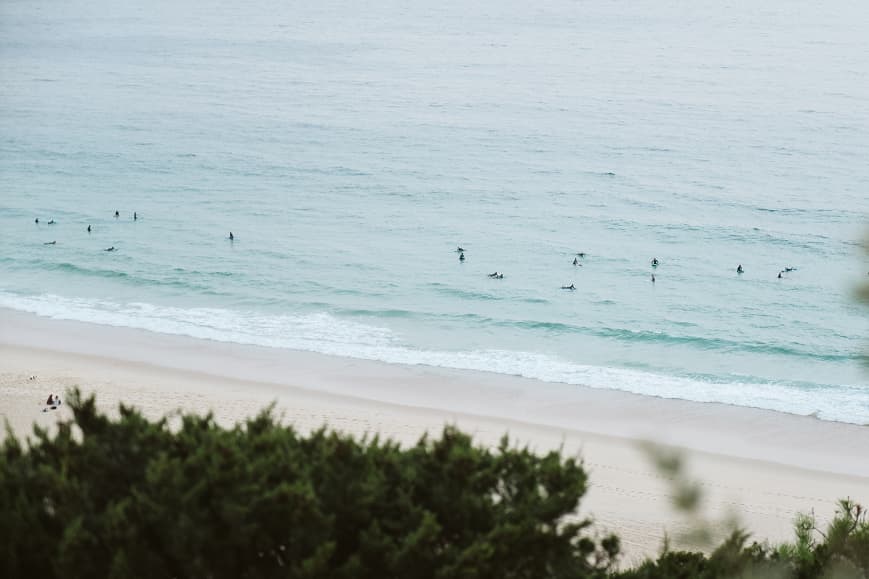 Surfers waiting in the lineup at an Alentejo beach break