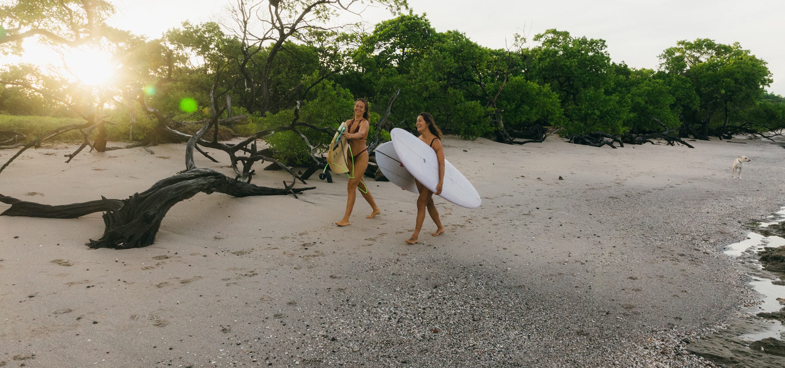Two women carrying surfboards along a sandy beach at Playa Avellanas, Costa Rica