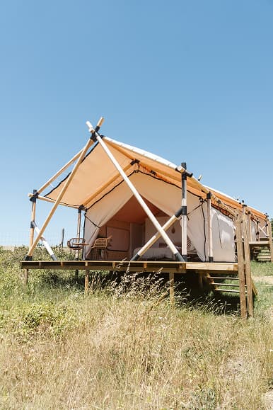 Safari glamping tent at Dreamsea Portugal Sintra with private wooden terrace