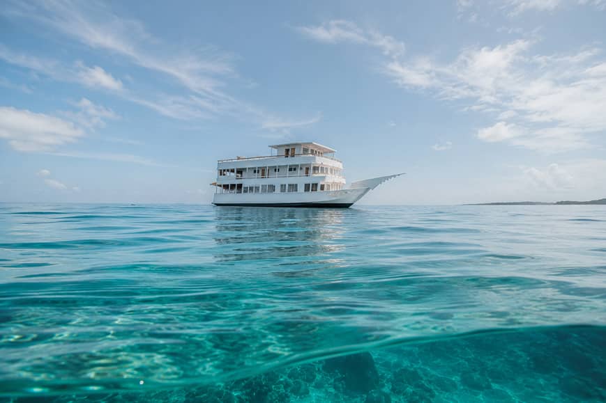 The boat of Dreamsea Mentawai Surf Liveaboard in the water